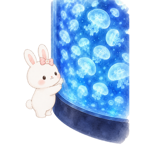A rabbit beside a jellyfish tank