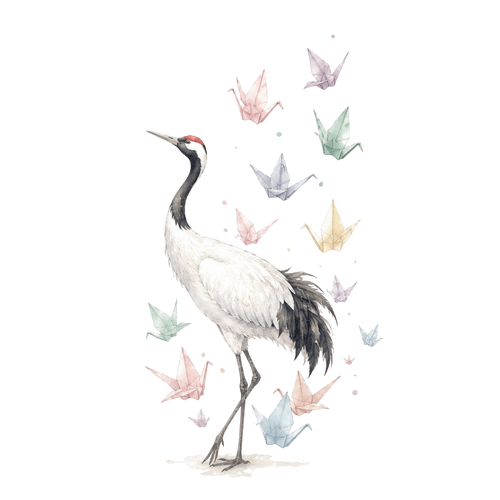 A crane in front of colourful paper cranes
