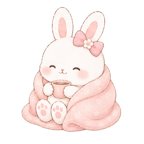 A rabbit under a blanket holding a coffee