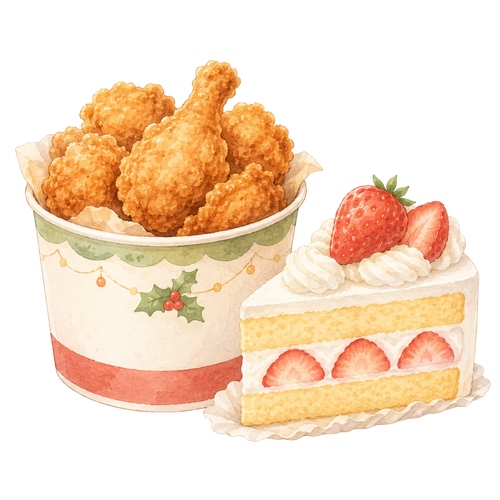 Fried chicken and a strawberry sponge cake