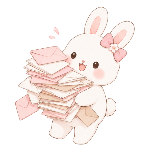 A rabbit carrying a stack of letters