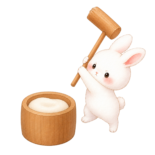 A rabbit pounding mochi on the moon