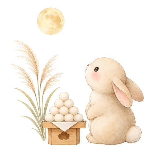 Stacked dango, pampas grass, a rabbit and the moon