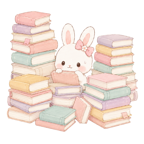 A rabbit behind stacks of books