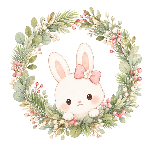 A rabbit inside a festive wreath